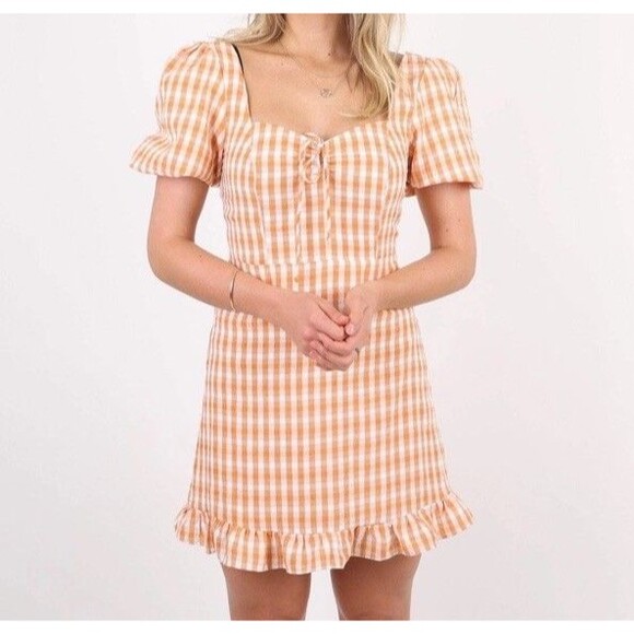 Sweet Pot Orange and White Gingham Square Neck Dress 8 - Picture 1 of 4